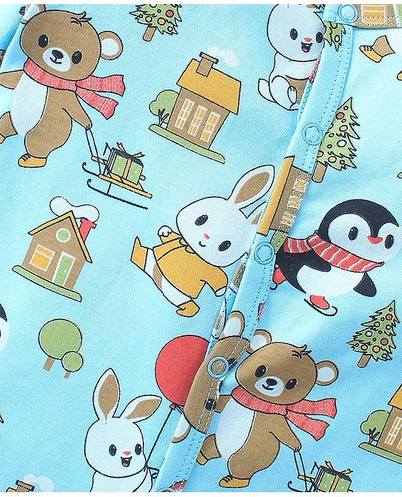 Babyhug Cotton Knit Full Sleeves Footed Sleep Suit Penguin & Bunny Print - Blue