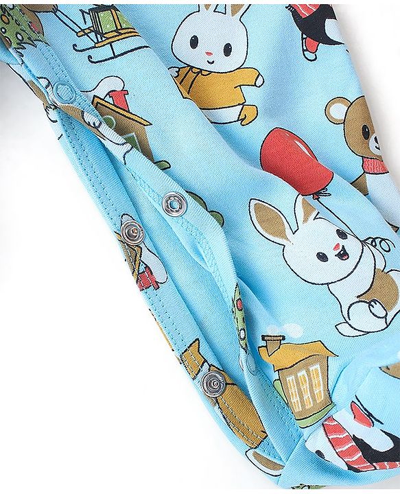Babyhug Cotton Knit Full Sleeves Footed Sleep Suit Penguin & Bunny Print - Blue