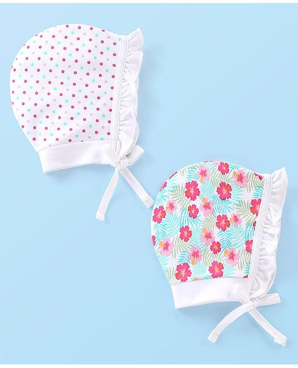 Babyhug 100% Cotton Knit Floral & Polka Dots Printed Cap Pack of 2- Multicolour