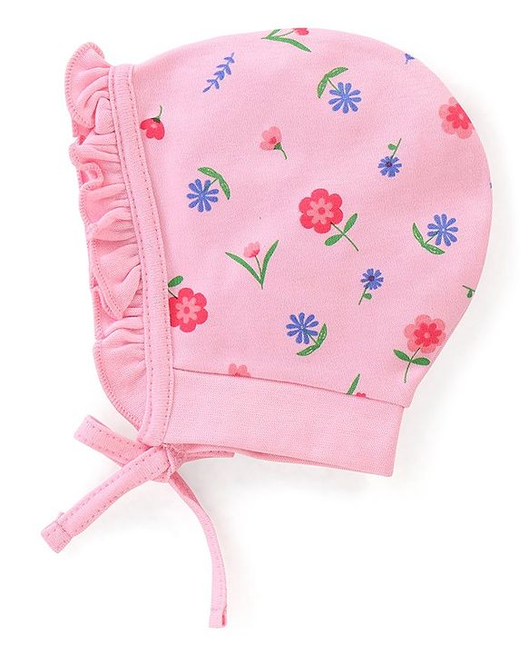 Babyhug 100% Cotton Caps With Foral & Polka Dots Print Pack Of 2 - Pink