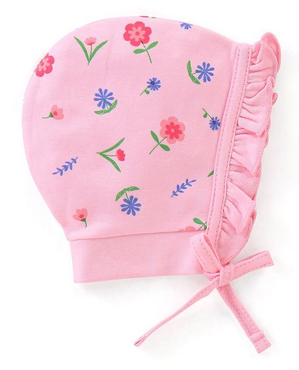 Babyhug 100% Cotton Caps With Foral & Polka Dots Print Pack Of 2 - Pink