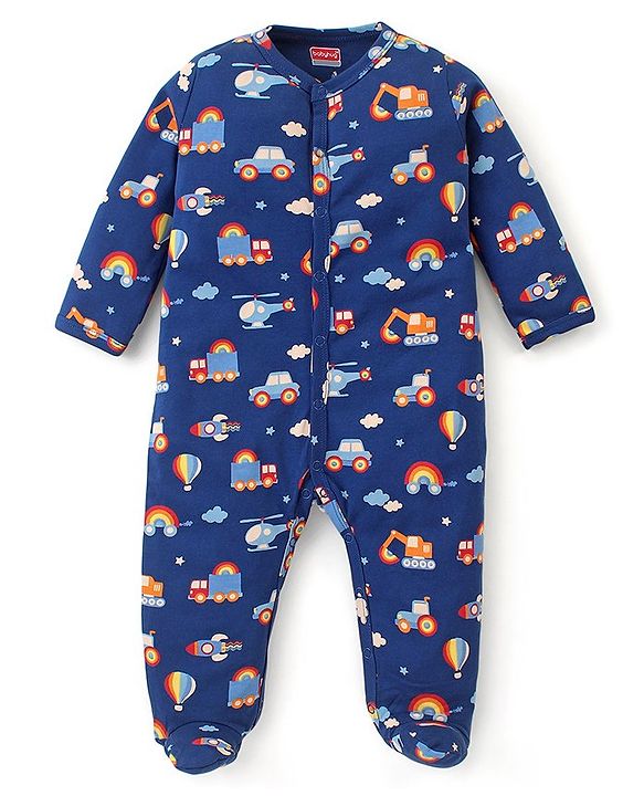 Babyhug Cotton Knit Full Sleeves Footed Sleep Suit Construction Vehicle Print - Navy Blue
