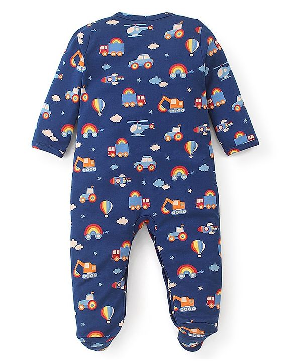 Babyhug Cotton Knit Full Sleeves Footed Sleep Suit Construction Vehicle Print - Navy Blue