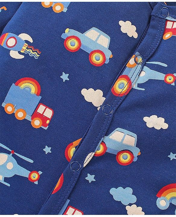 Babyhug Cotton Knit Full Sleeves Footed Sleep Suit Construction Vehicle Print - Navy Blue
