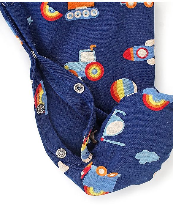 Babyhug Cotton Knit Full Sleeves Footed Sleep Suit Construction Vehicle Print - Navy Blue
