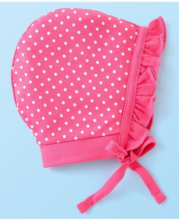 Babyhug 100% Cotton Caps Printed Pack of 2 Pink & White - Diameter 16 cm
