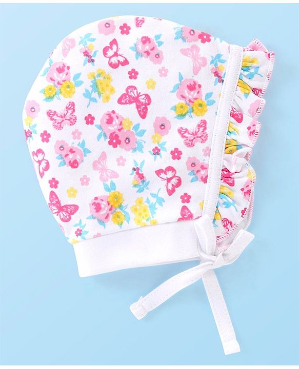 Babyhug 100% Cotton Caps Printed Pack of 2 Pink & White - Diameter 16 cm