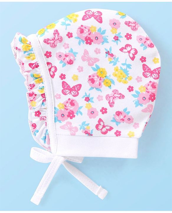 Babyhug 100% Cotton Caps Printed Pack of 2 Pink & White - Diameter 16 cm