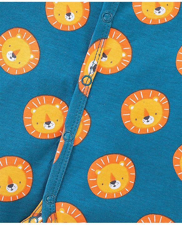 Babyhug Cotton Knit Full Sleeves Footed Sleep Suit Lion Print - Navy Blue