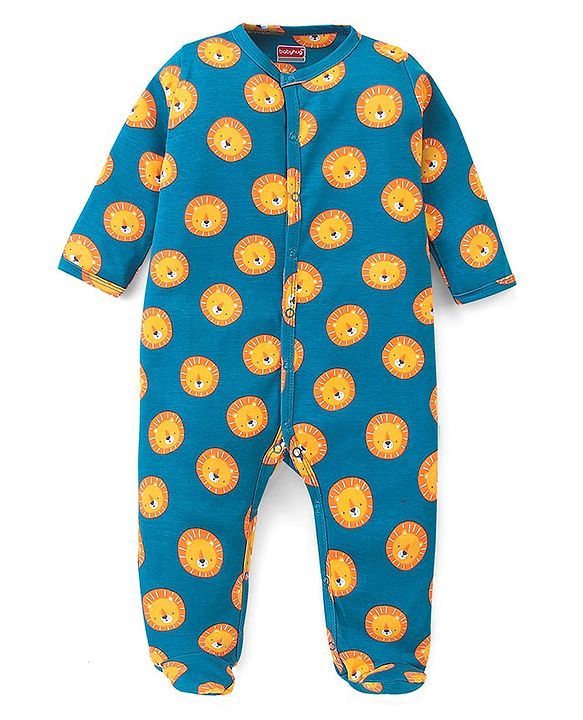Babyhug Cotton Knit Full Sleeves Footed Sleep Suit Lion Print - Navy Blue