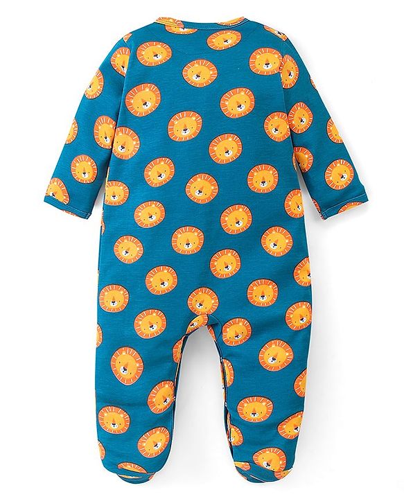 Babyhug Cotton Knit Full Sleeves Footed Sleep Suit Lion Print - Navy Blue