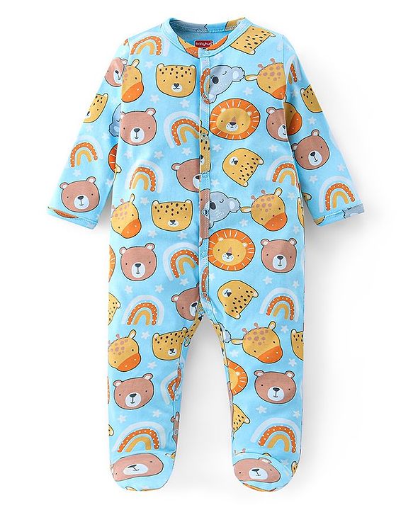 Babyhug Cotton Knit Interlock Full Sleeves Footed Sleep Suit With Wild Animals Print - Blue