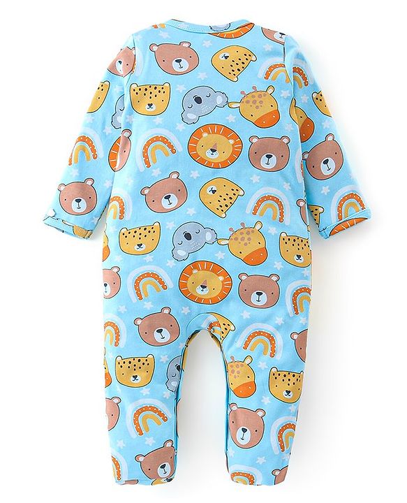 Babyhug Cotton Knit Interlock Full Sleeves Footed Sleep Suit With Wild Animals Print - Blue