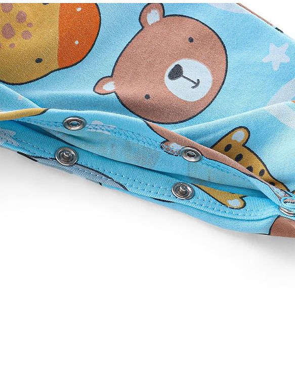 Babyhug Cotton Knit Interlock Full Sleeves Footed Sleep Suit With Wild Animals Print - Blue