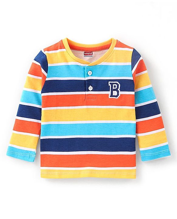Babyhug 100% Cotton Knit Full Sleeves T-Shirt Striped - Blue Yellow & Red