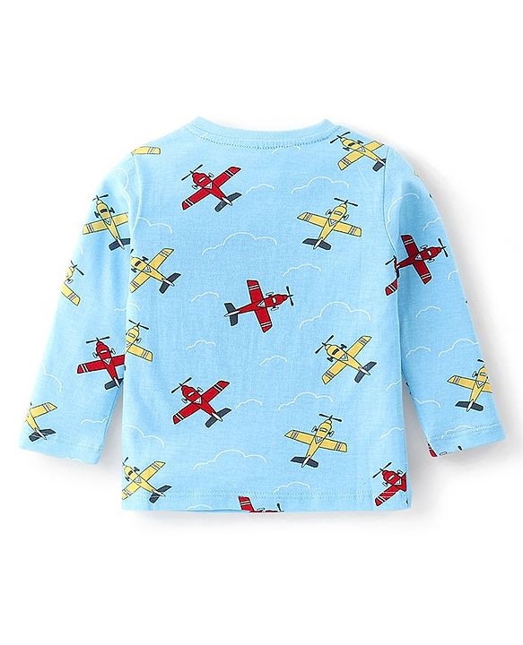 Babyhug Cotton Knit Full Sleeves T-Shirt with Airplane Print - Blue