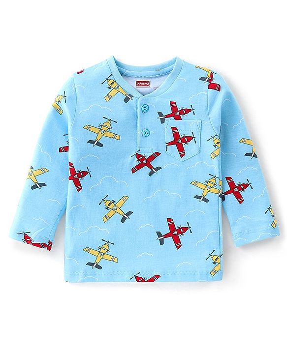 Babyhug Cotton Knit Full Sleeves T-Shirt with Airplane Print - Blue