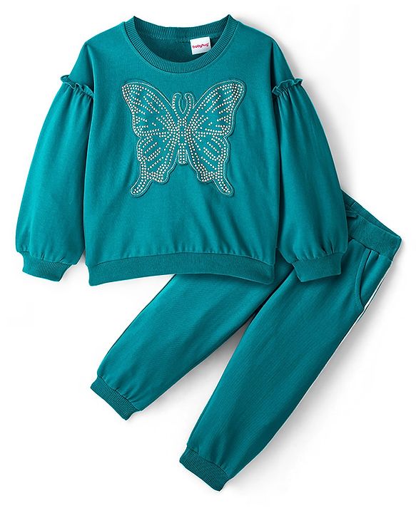Babyhug Full Sleeves Top with Butterfly Applique with Studs & Lounge Pant - Ocean Green