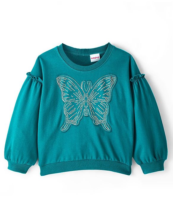 Babyhug Full Sleeves Top with Butterfly Applique with Studs & Lounge Pant - Ocean Green