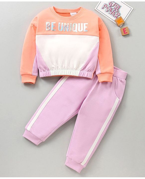 Babyhug 100% Cotton Terry Knit Full Sleeves Top and Lounge Pant Set Be Unique Print - Orange & Lilac