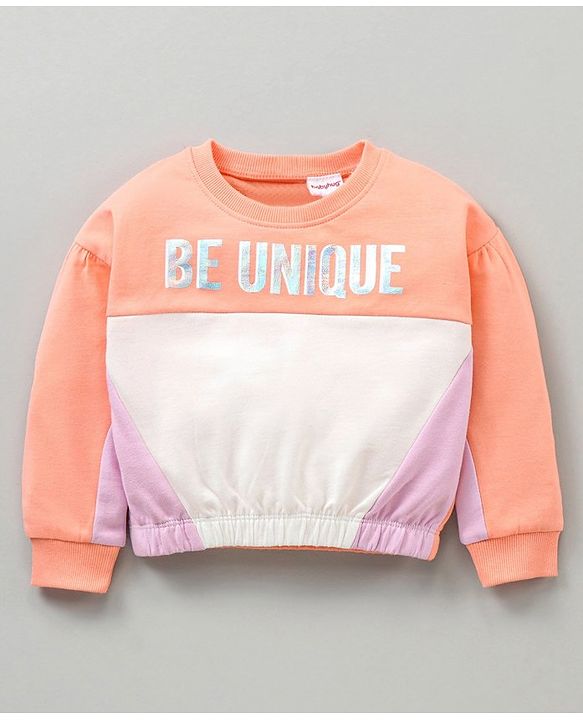 Babyhug 100% Cotton Terry Knit Full Sleeves Top and Lounge Pant Set Be Unique Print - Orange & Lilac