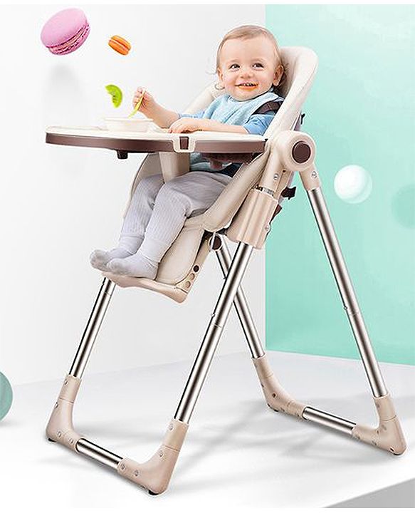 Babyhug Multifunctional Portable High Chair with 5 Level Height Adjustment -Beige| Compact Fold| Removable Wheels with Lock| Removable Double Food Tray| Cushion Seat