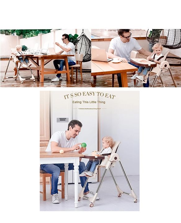 Babyhug Multifunctional Portable High Chair with 5 Level Height Adjustment -Beige| Compact Fold| Removable Wheels with Lock| Removable Double Food Tray| Cushion Seat