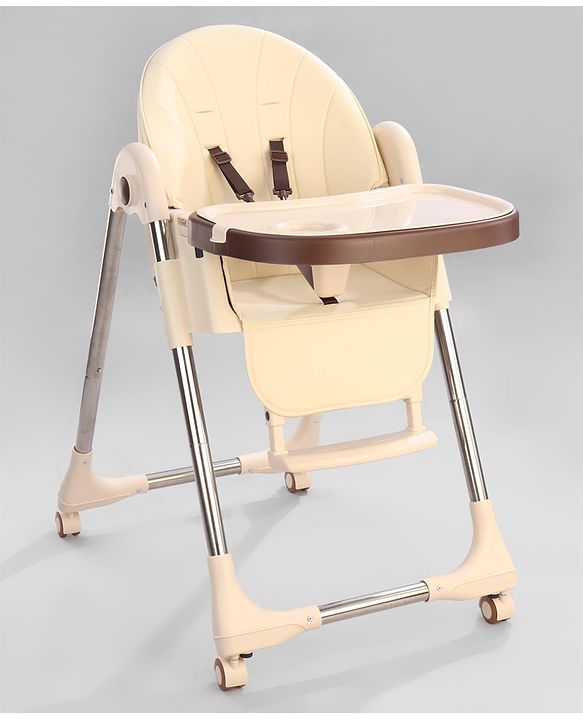 Babyhug Multifunctional Portable High Chair with 5 Level Height Adjustment -Beige| Compact Fold| Removable Wheels with Lock| Removable Double Food Tray| Cushion Seat