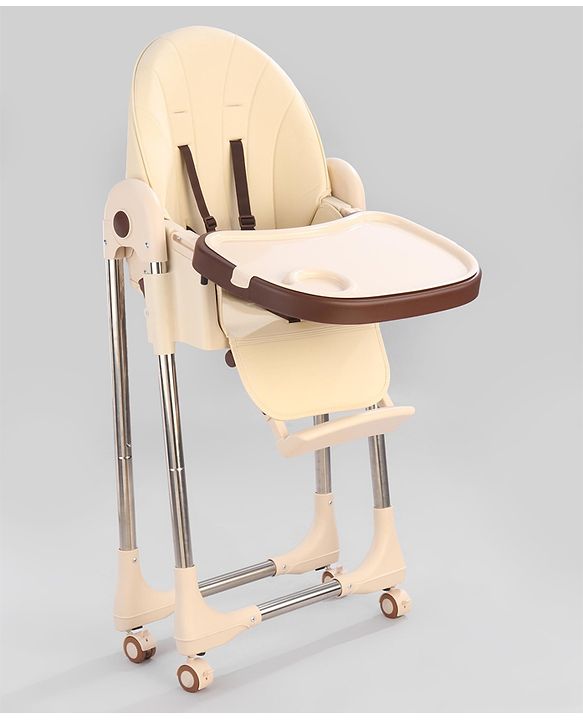 Babyhug Multifunctional Portable High Chair with 5 Level Height Adjustment -Beige| Compact Fold| Removable Wheels with Lock| Removable Double Food Tray| Cushion Seat