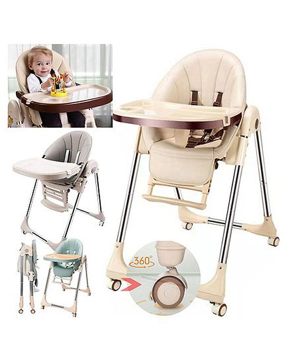 Babyhug Multifunctional Portable High Chair with 5 Level Height Adjustment -Beige| Compact Fold| Removable Wheels with Lock| Removable Double Food Tray| Cushion Seat