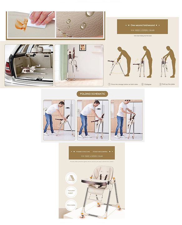 Babyhug Multifunctional Portable High Chair with 5 Level Height Adjustment -Beige| Compact Fold| Removable Wheels with Lock| Removable Double Food Tray| Cushion Seat