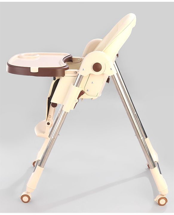 Babyhug Multifunctional Portable High Chair with 5 Level Height Adjustment -Beige| Compact Fold| Removable Wheels with Lock| Removable Double Food Tray| Cushion Seat