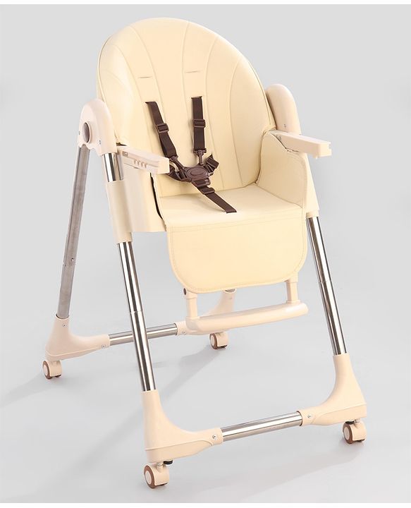 Babyhug Multifunctional Portable High Chair with 5 Level Height Adjustment -Beige| Compact Fold| Removable Wheels with Lock| Removable Double Food Tray| Cushion Seat