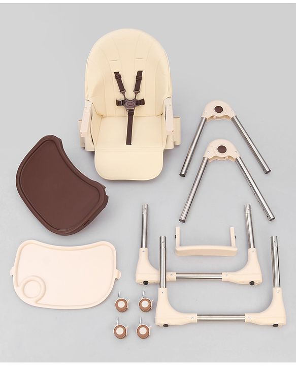 Babyhug Multifunctional Portable High Chair with 5 Level Height Adjustment -Beige| Compact Fold| Removable Wheels with Lock| Removable Double Food Tray| Cushion Seat