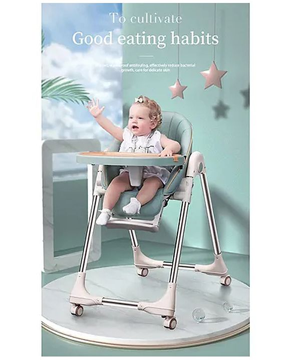 Babyhug Multifunctional Portable High Chair with 5 Level Height Adjustment - Green| Compact Fold| Removable Wheels with Lock| Removable Double Food Tray| Cushion Seat