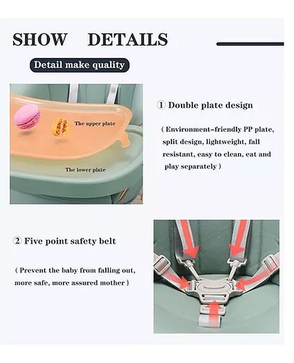 Babyhug Multifunctional Portable High Chair with 5 Level Height Adjustment - Green| Compact Fold| Removable Wheels with Lock| Removable Double Food Tray| Cushion Seat