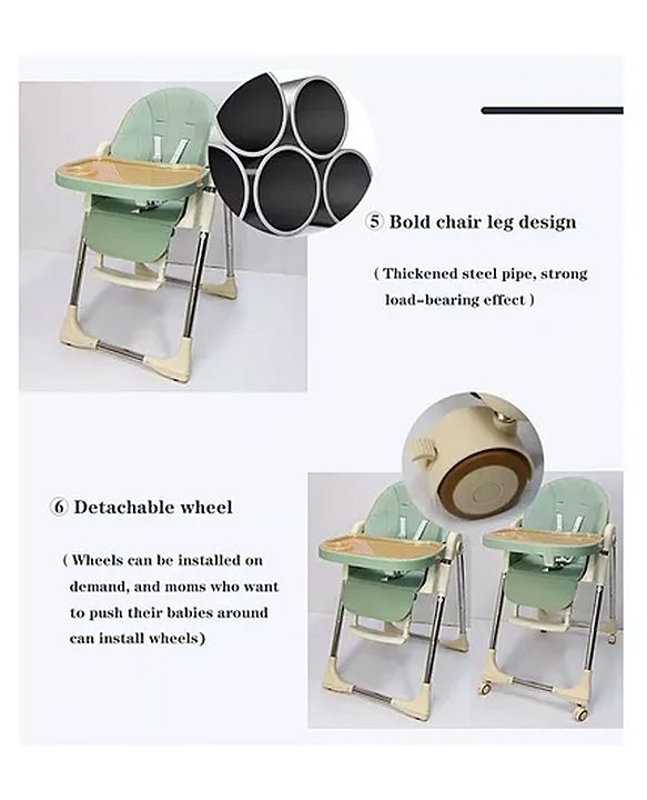 Babyhug Multifunctional Portable High Chair with 5 Level Height Adjustment - Green| Compact Fold| Removable Wheels with Lock| Removable Double Food Tray| Cushion Seat