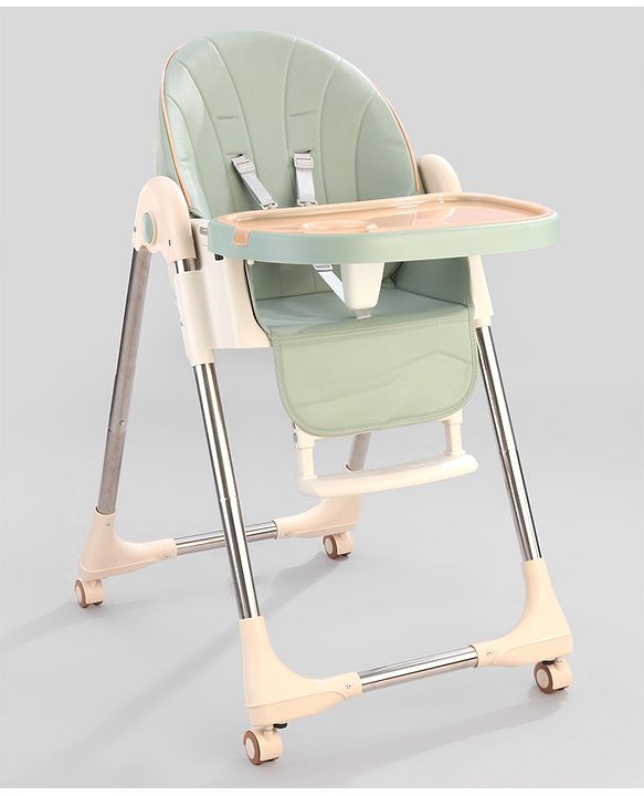 Babyhug Multifunctional Portable High Chair with 5 Level Height Adjustment - Green| Compact Fold| Removable Wheels with Lock| Removable Double Food Tray| Cushion Seat