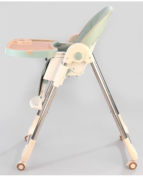 Babyhug Multifunctional Portable High Chair with 5 Level Height Adjustment - Green| Compact Fold| Removable Wheels with Lock| Removable Double Food Tray| Cushion Seat