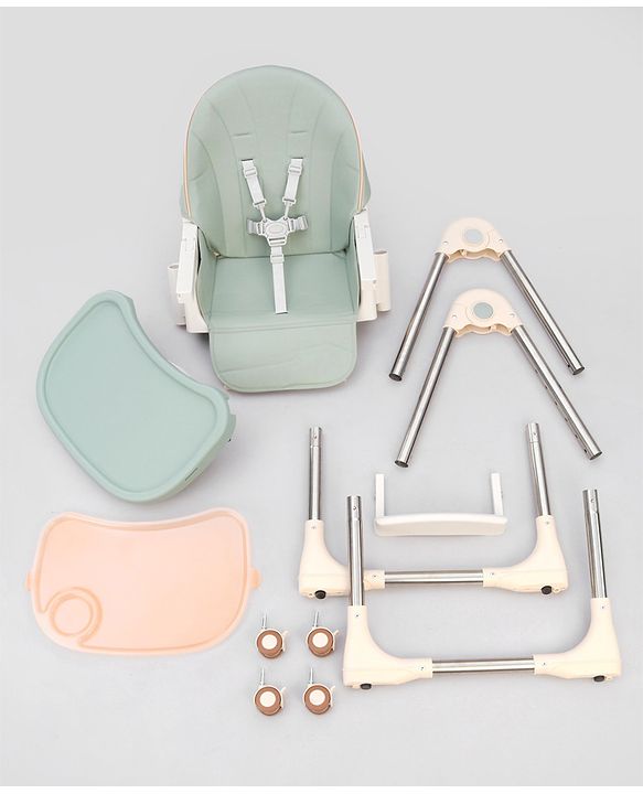 Babyhug Multifunctional Portable High Chair with 5 Level Height Adjustment - Green| Compact Fold| Removable Wheels with Lock| Removable Double Food Tray| Cushion Seat