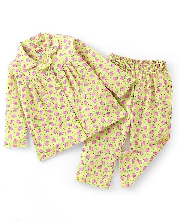 Babyhug Cotton Knit Full Sleeves Front Open Strawberry Print Pyjama Set - Green