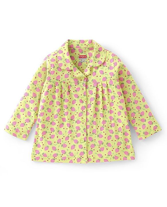 Babyhug Cotton Knit Full Sleeves Front Open Strawberry Print Pyjama Set - Green