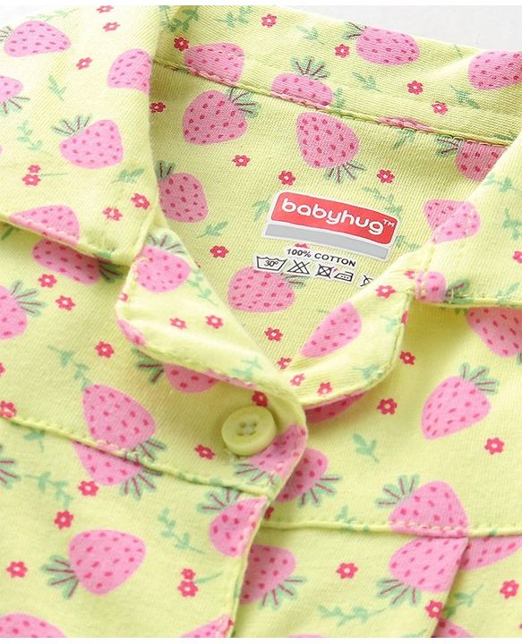 Babyhug Cotton Knit Full Sleeves Front Open Strawberry Print Pyjama Set - Green