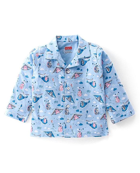Babyhug Cotton Knit Full Sleeves Night Suit With Teddy Print - Blue