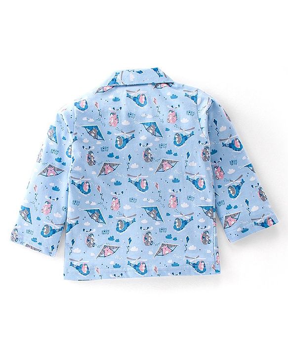 Babyhug Cotton Knit Full Sleeves Night Suit With Teddy Print - Blue