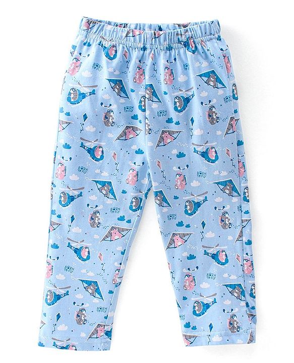 Babyhug Cotton Knit Full Sleeves Night Suit With Teddy Print - Blue