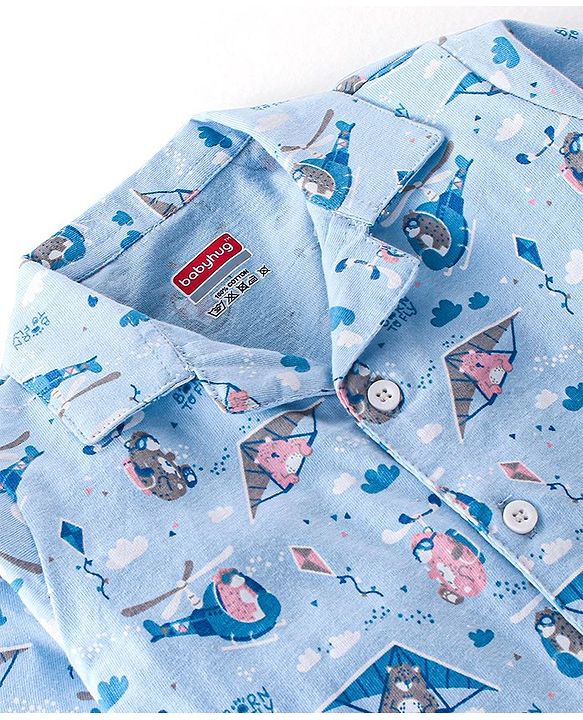 Babyhug Cotton Knit Full Sleeves Night Suit With Teddy Print - Blue