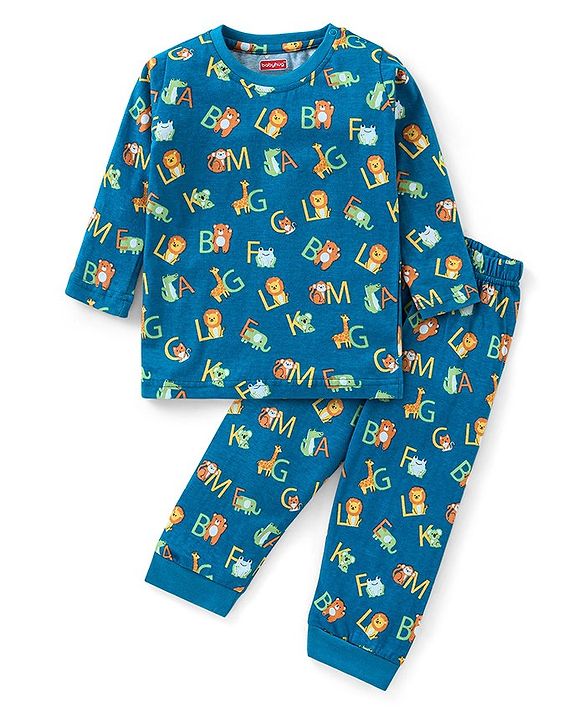 Babyhug Cotton Knit Full Sleeves Night Suit With Text Print - Blue