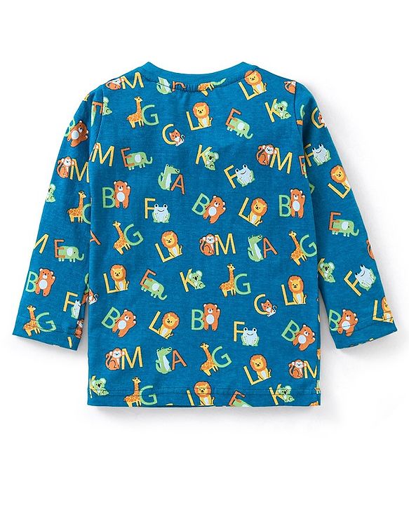 Babyhug Cotton Knit Full Sleeves Night Suit With Text Print - Blue