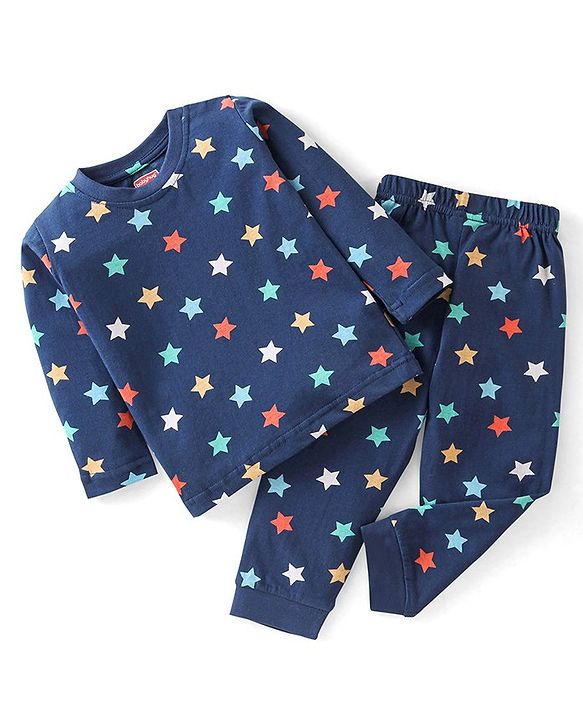 Babyhug Cotton Knit Full Sleeves Night Suit With Star Print - Navy Blue